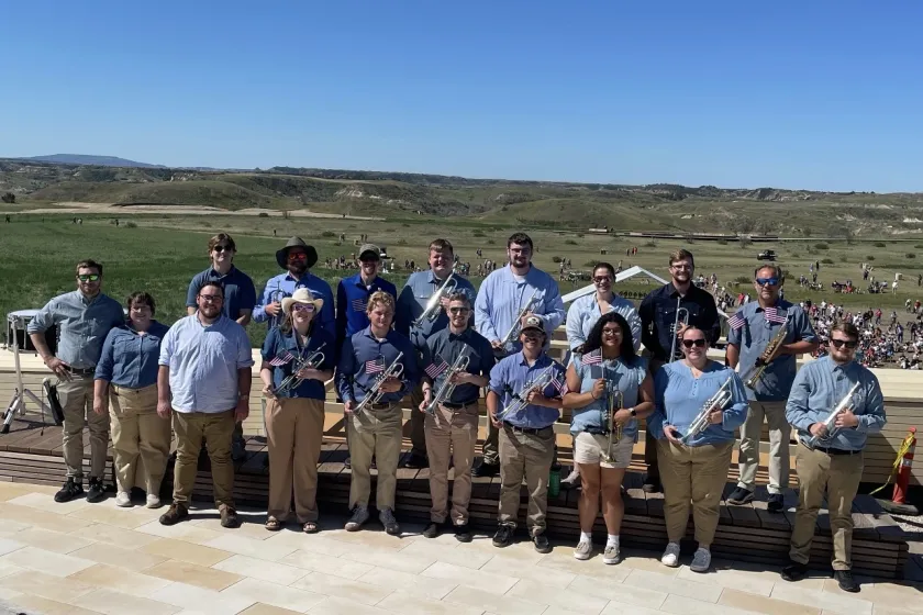 NDSU music students and alumni pose for a photo at the Theodore Roosevelt Presidential Library in Medora.