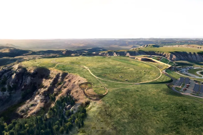 An aerial view of the Theodore Roosevelt Presidential Library in Medora, North Dakota.