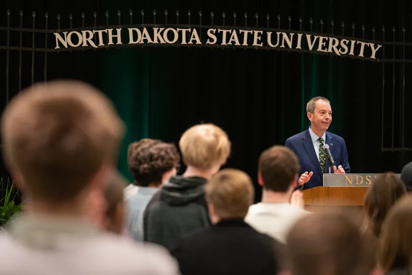 Marshall Stewart speaks after being announced as NDSU's 16th president