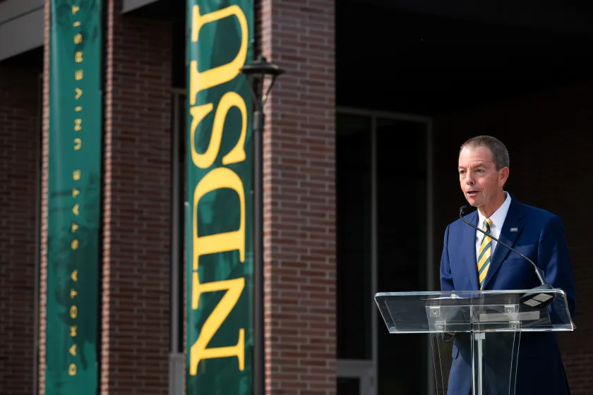 NDSU President Stewart speaks at the Bolley Agricultural Lab ribbon cutting