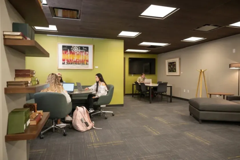 Students work together in a campus study space.