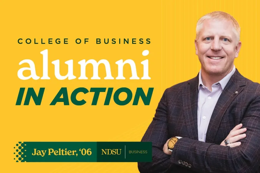 A man in a suit smiles with the words College of Business alumni in action Jay Peltier, '06