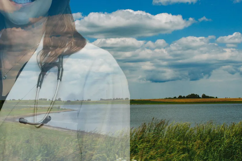 image of student overlaying rural area