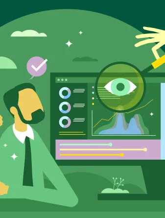 A graphic showing a person working on a computer.