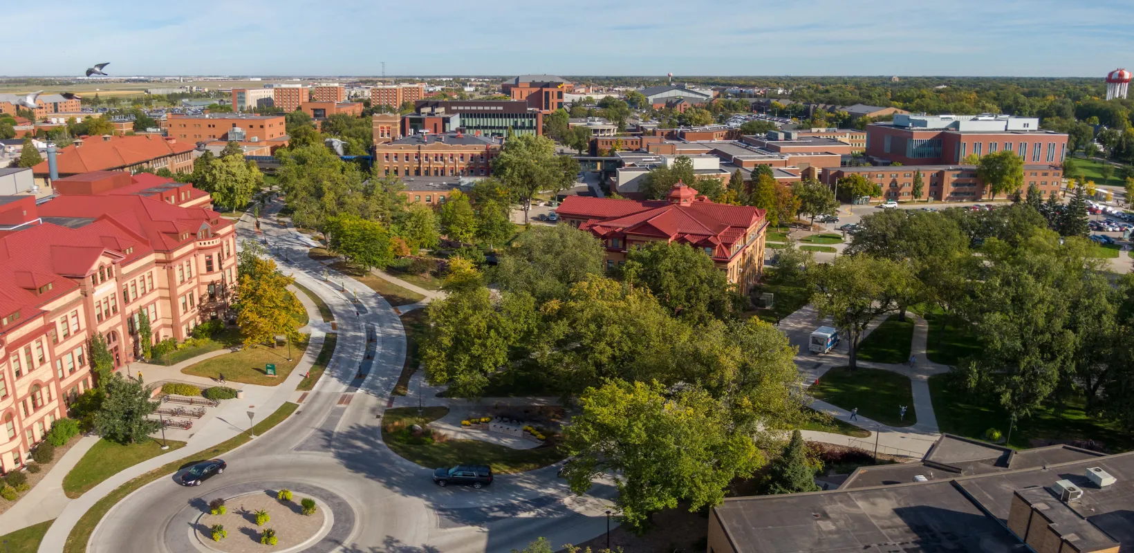 drone panoramic of campus buildings