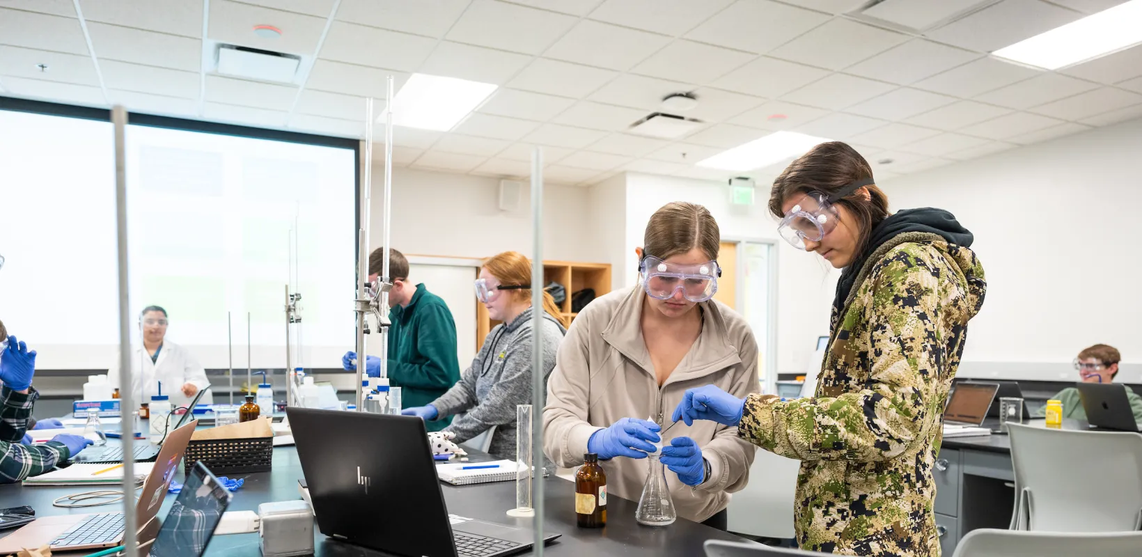 students performing experiments in a lab