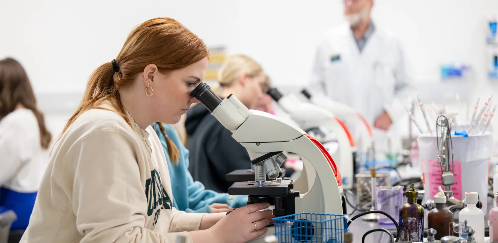 Student looking into a microscope while participating in a lab. 
