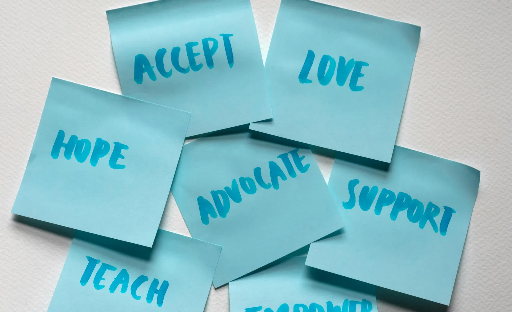 sticky notes with action words like accept, love, support, advocate, hope, teach and empower