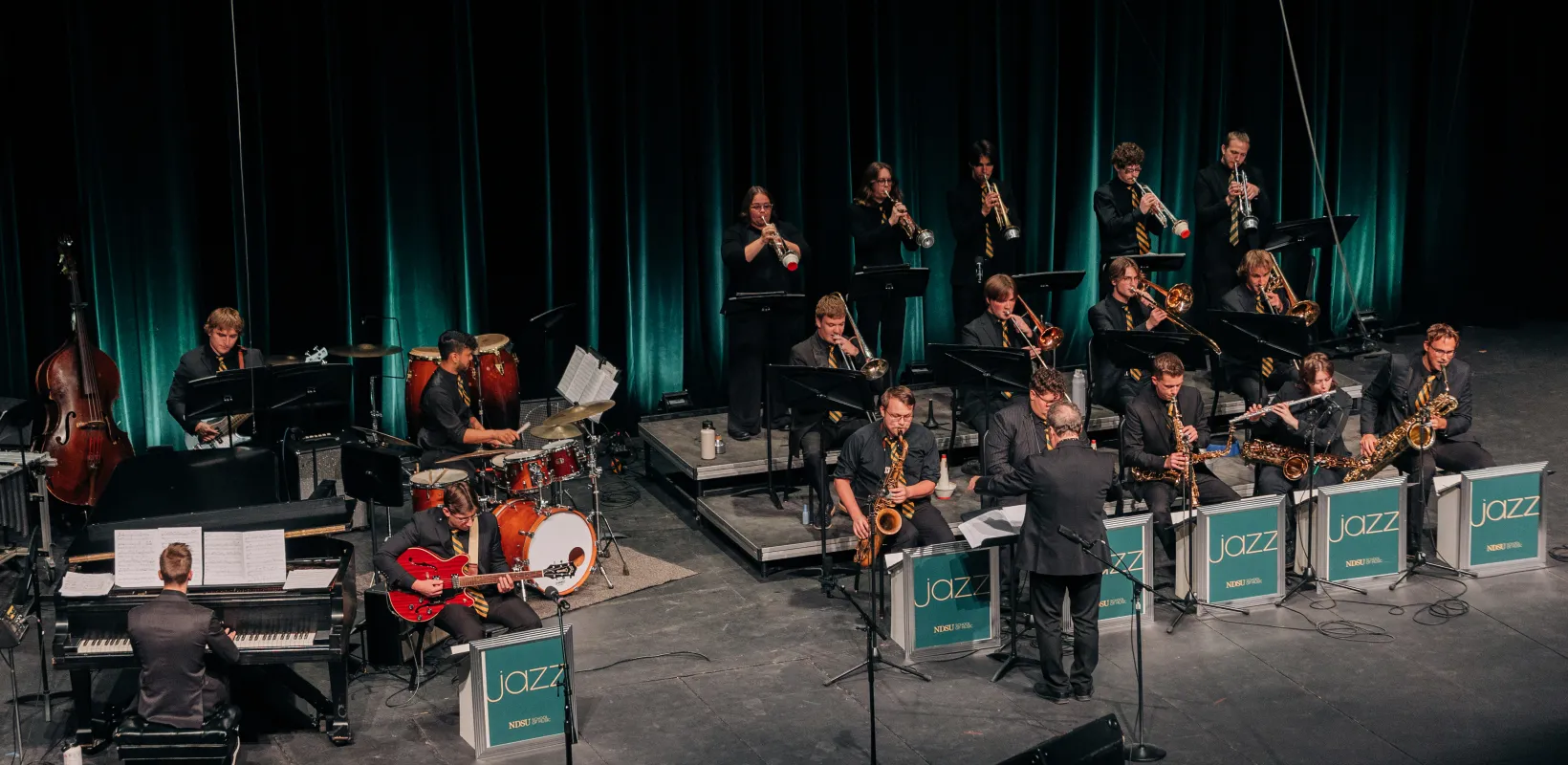 A group of students performing in the NDSU Jazz Ensemble.