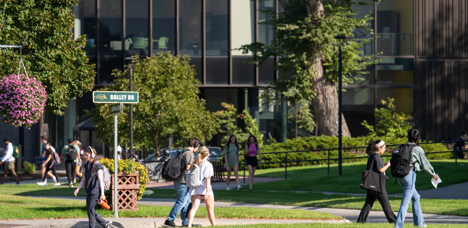 various students walking on campus between classes