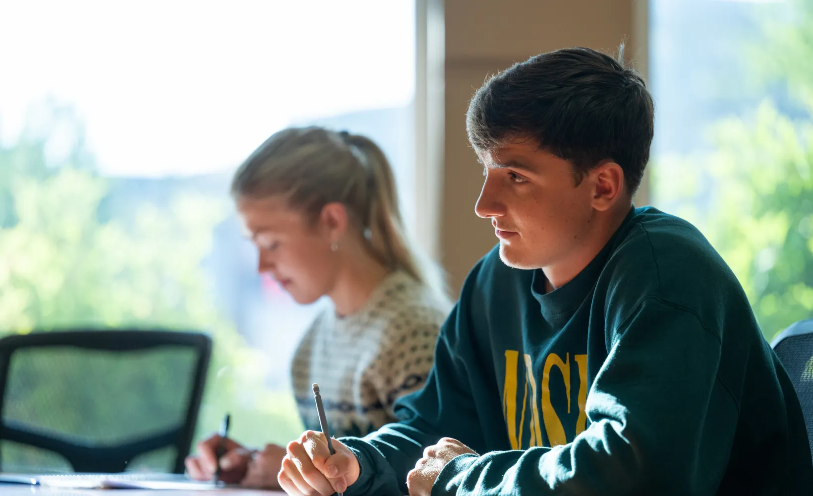 Two students studying in class. 