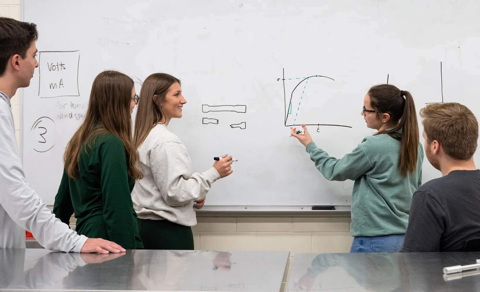 group of engineering students working at a white board together