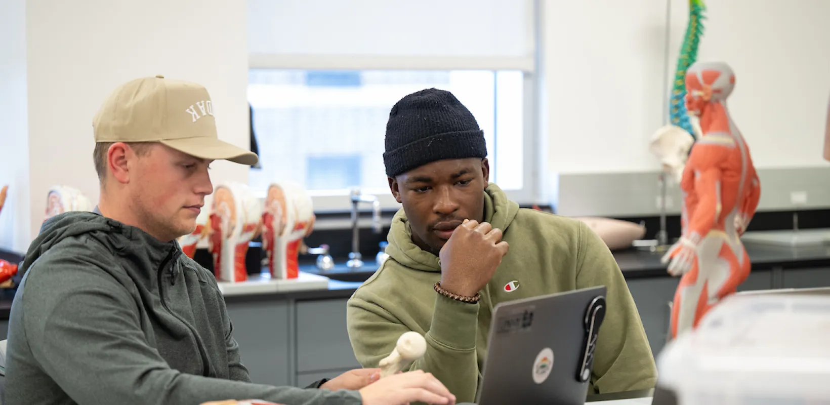 Two students working together on laptop in an anatomy class.