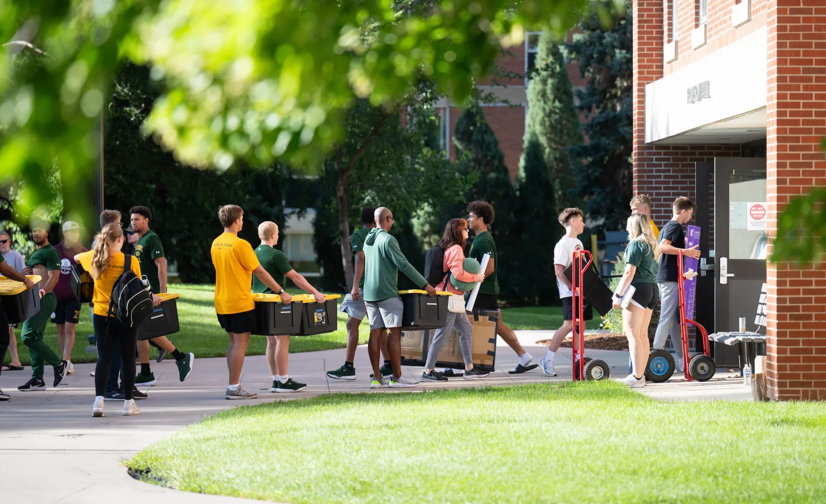 large group of students moving into the hall