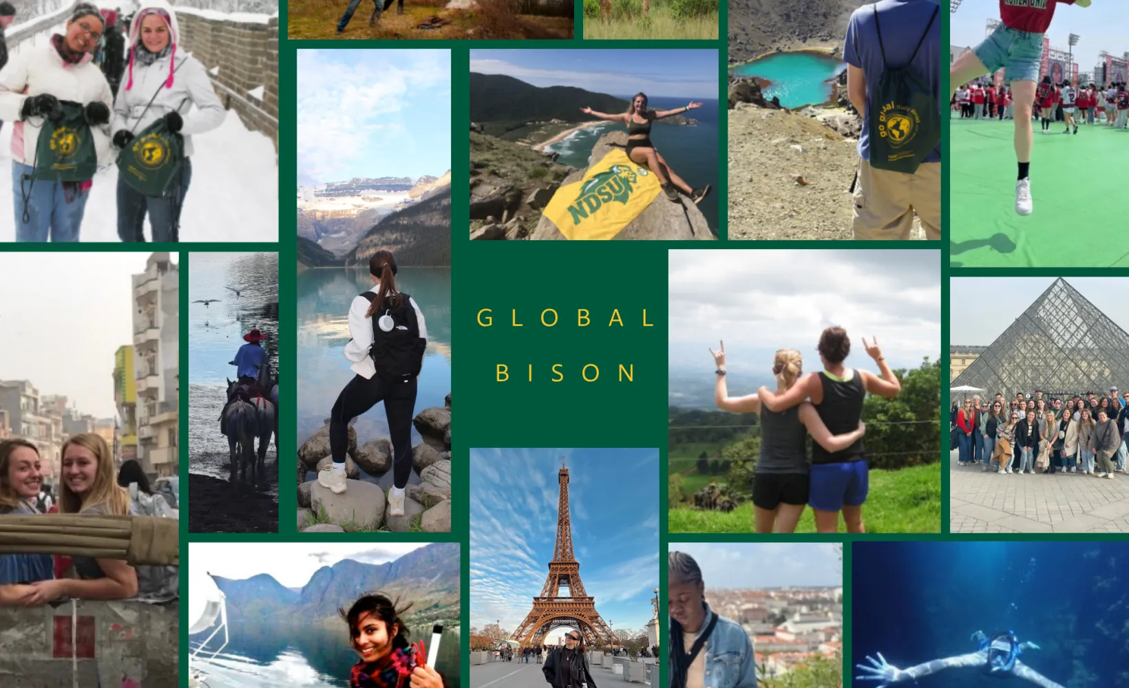 A collage of students at various places around the world. In the center it says "Global Bison"