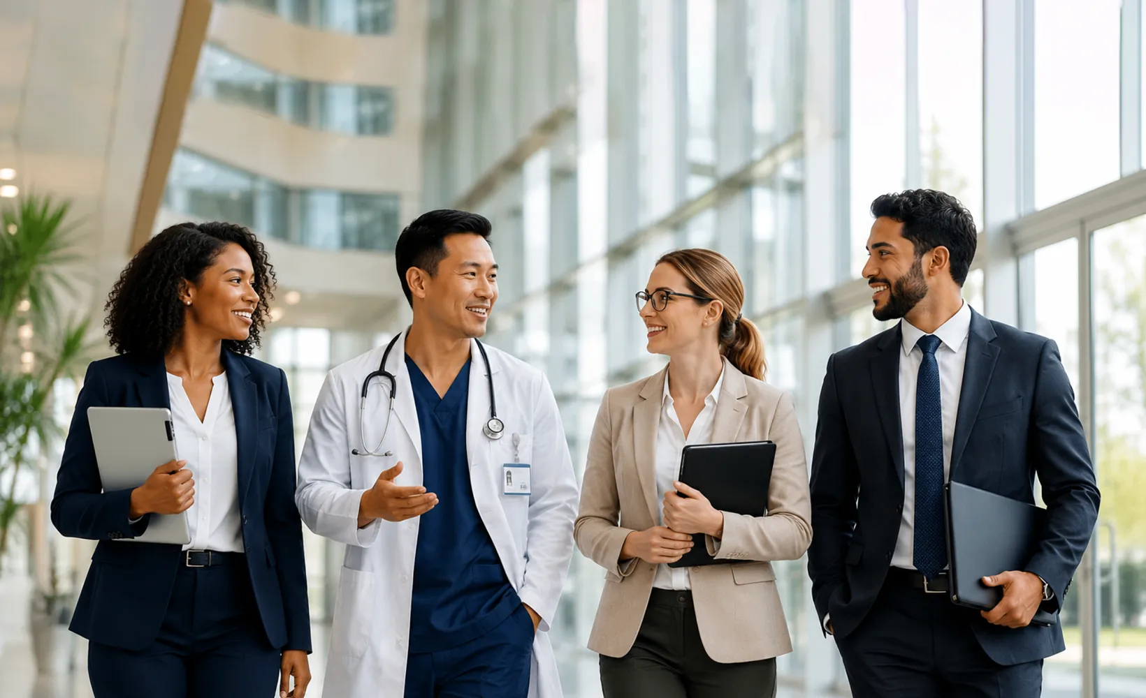 medical professionals discuss as they walk
