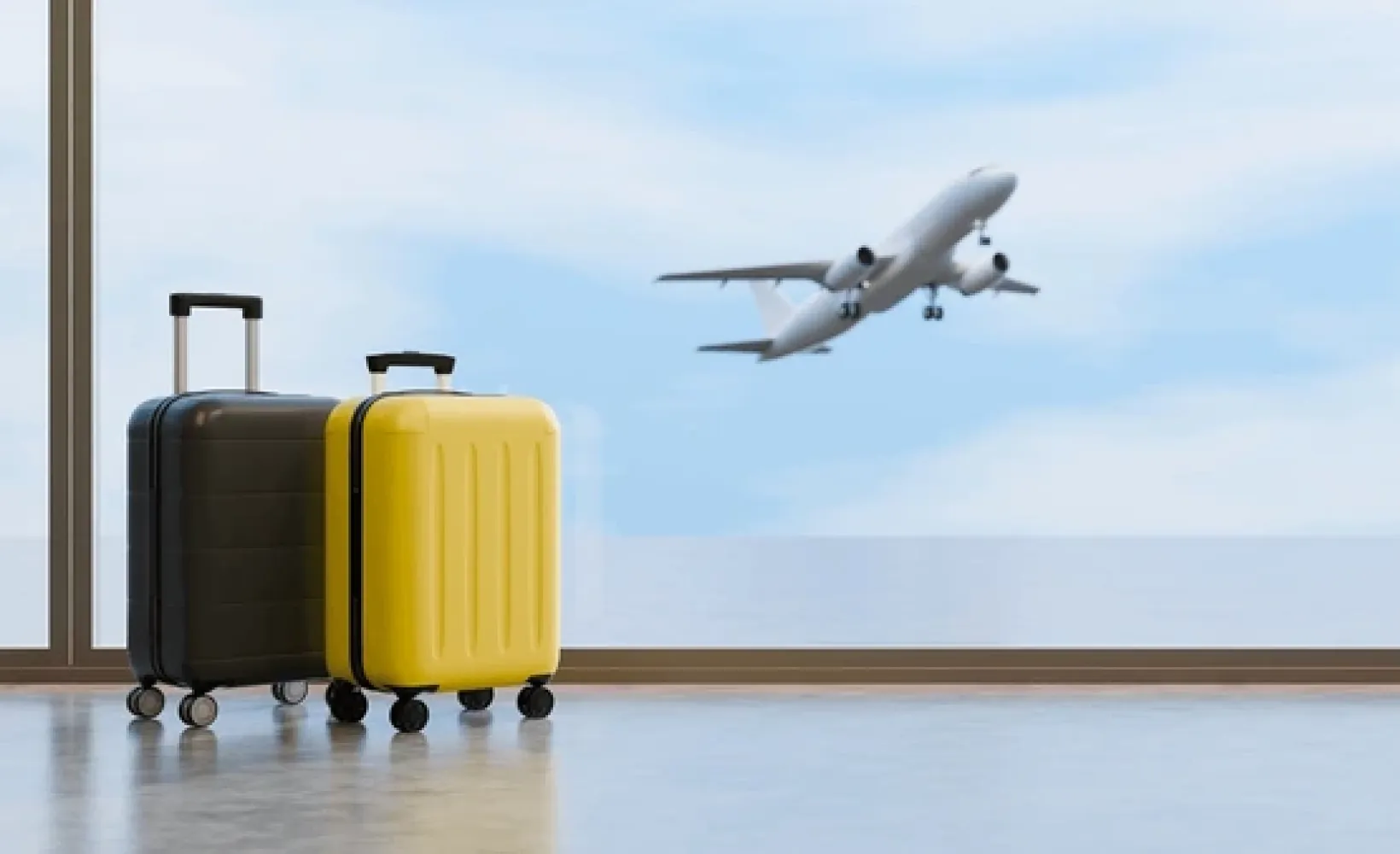A suitcase and backpack behind a window showing a plane in a terminal