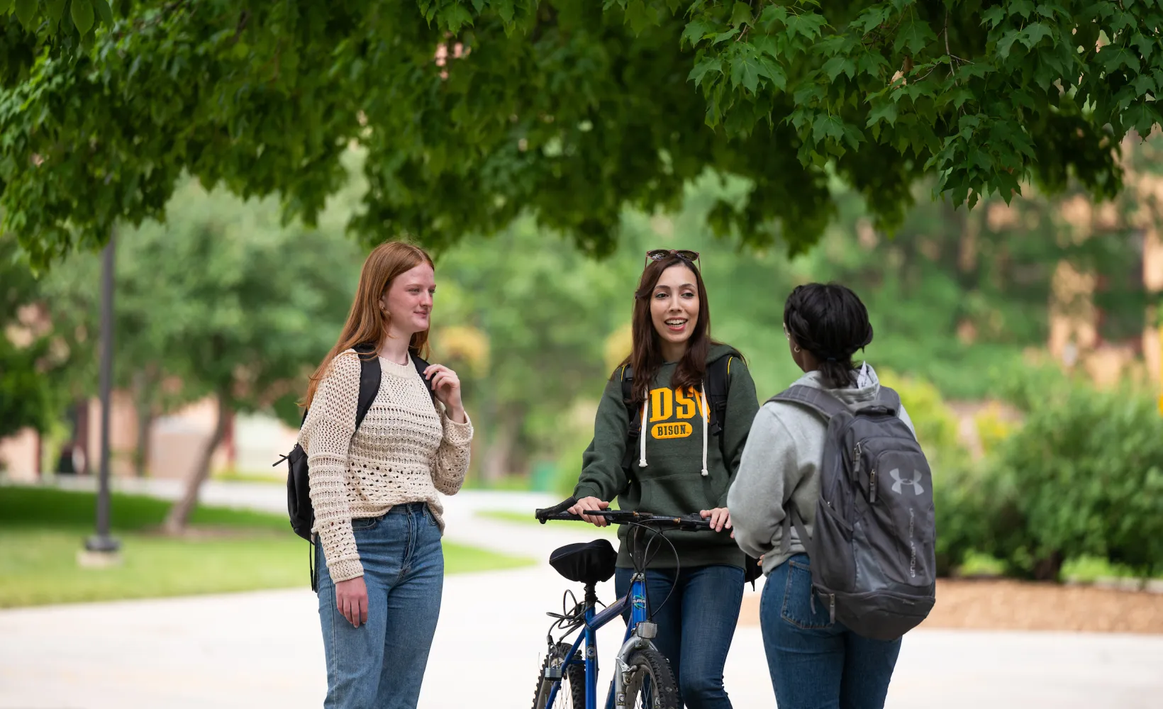 Three college students stand and converse outdoors on a leafy, tree-shaded campus walkway, with one student holding a bicycle.