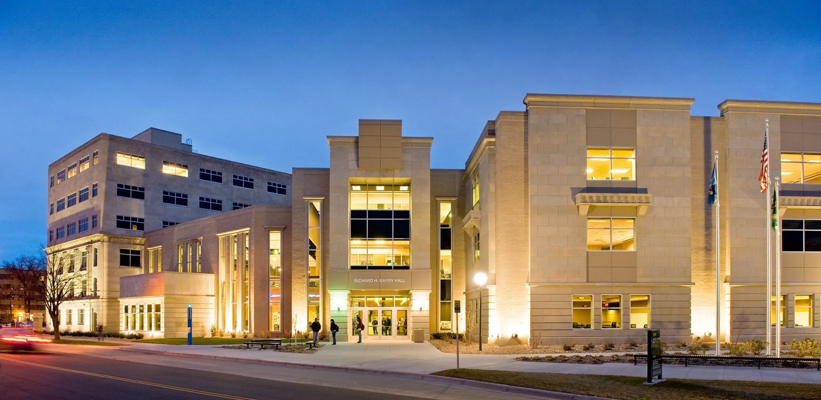 Barry Hall Building at night