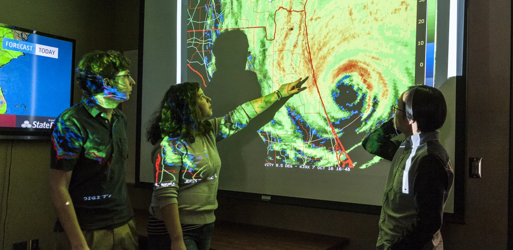 Students studying a hurrican system.