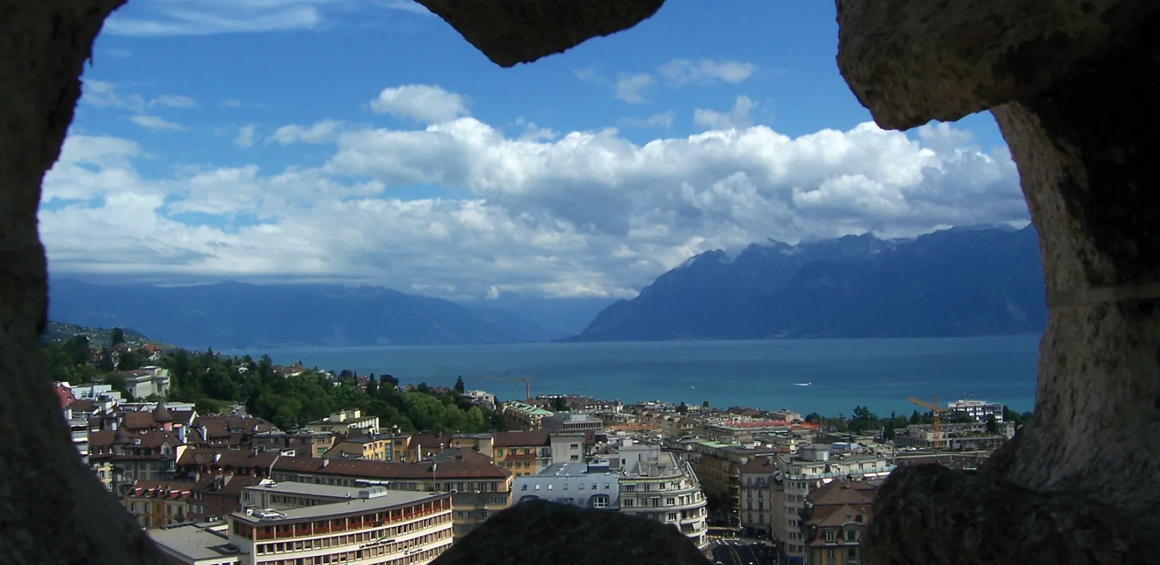 City with body of water in the distance. 