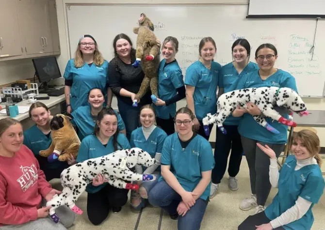 Pre vet tech students holding stuffed animal dogs