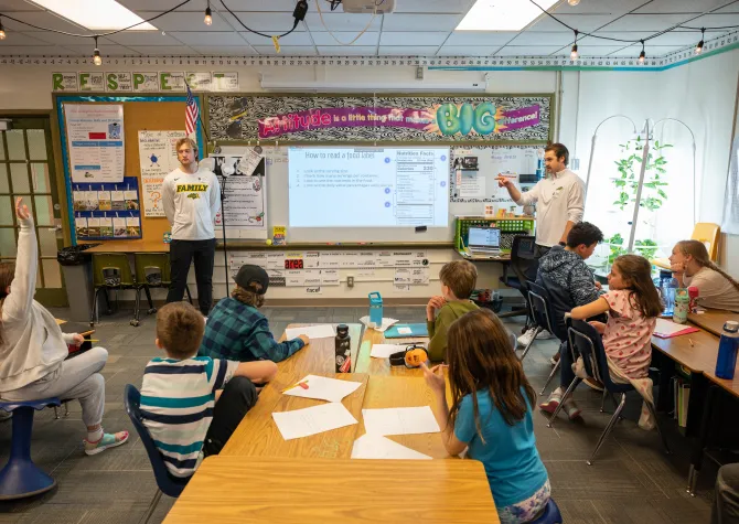 Student teachers standing in front of health class teaching.
