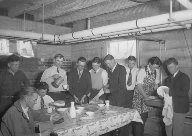 Students in the Churchill basement