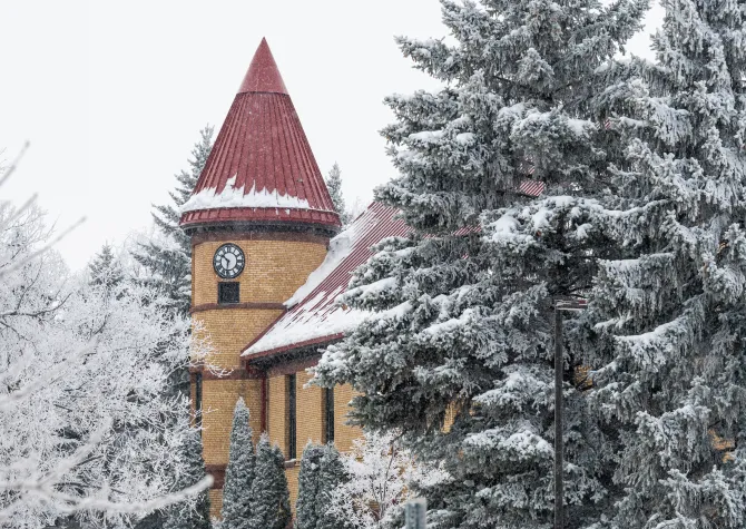 Old Main clock in the winter