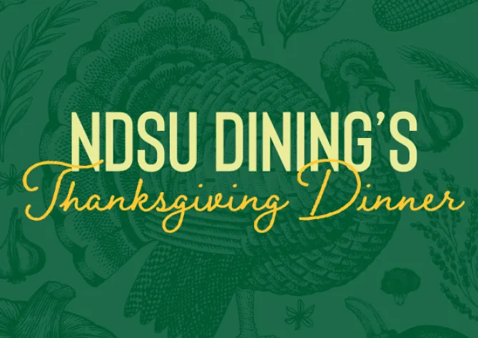 Thanksgiving Dinner graphic with green and a graphic background with thanksgiving elements