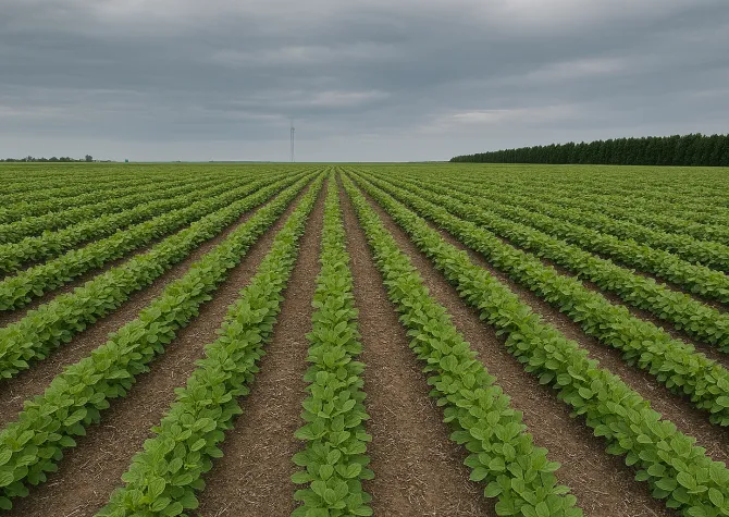 rows of soybeans growing in a field