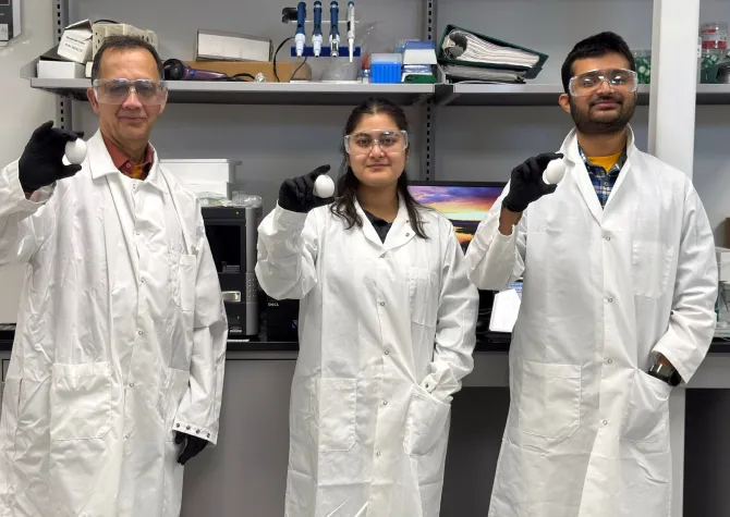 A professor and two students dressed in lab coats in a lab, each holding chicken eggs