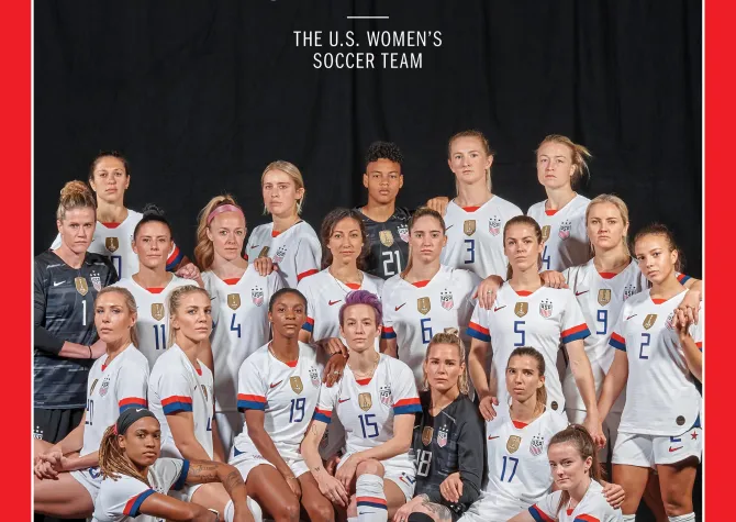 Time written on top with women's soccer team looking at the camera