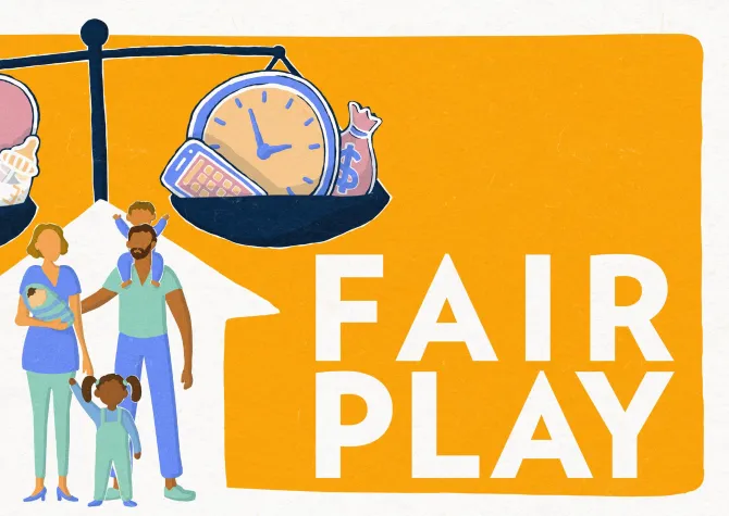 Cartoon family with cartoon scales. Title of the documentary, Fair Play.
