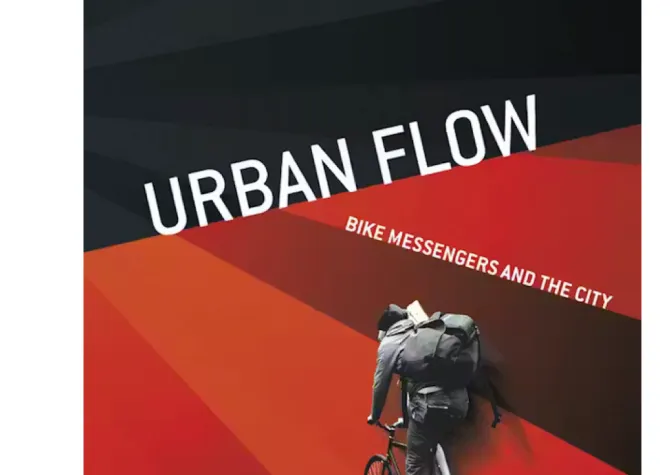 black and red book with Urban Flow in white and a bike messenger on the bottom right