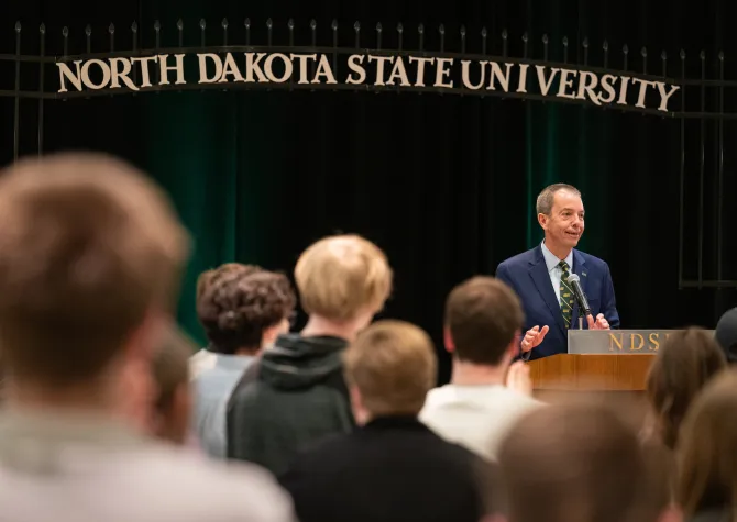 President Marshall Stewart speaks during his public presentation as the 16th President of NDSU