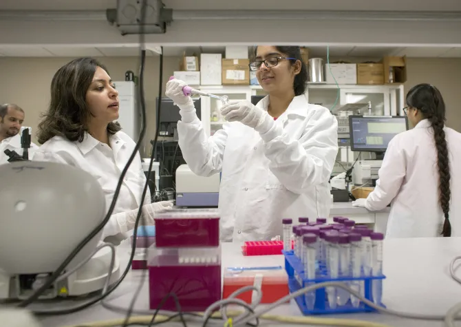 Students in a lab with one using a pipet