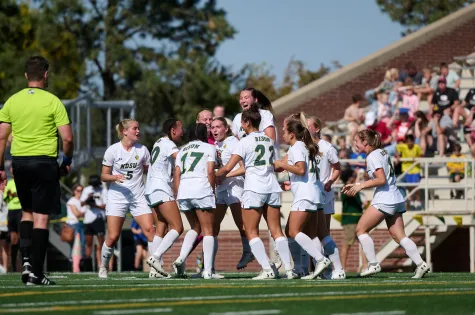 NDSU women's soccer team celebrates on the field