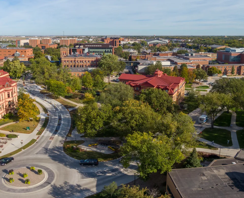 drone panoramic of campus buildings