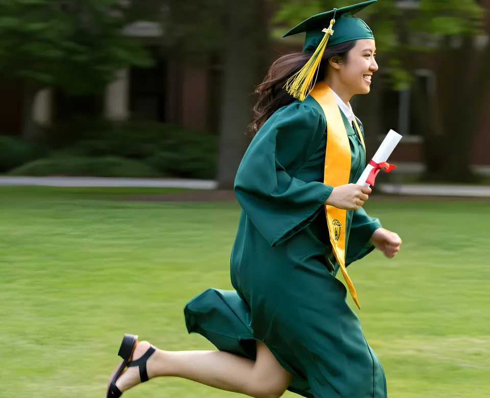 image of student in cap and gown running with diploma