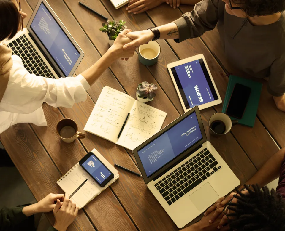 above shot of students working at a table