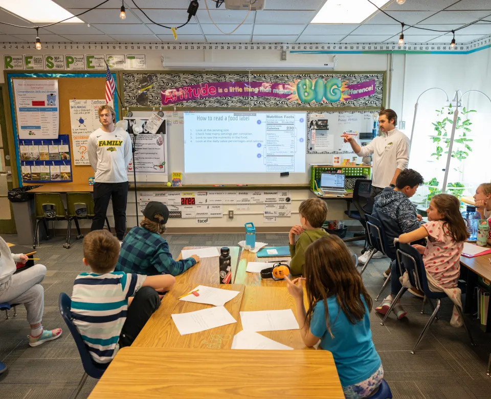 Student teachers standing in front of health class teaching.