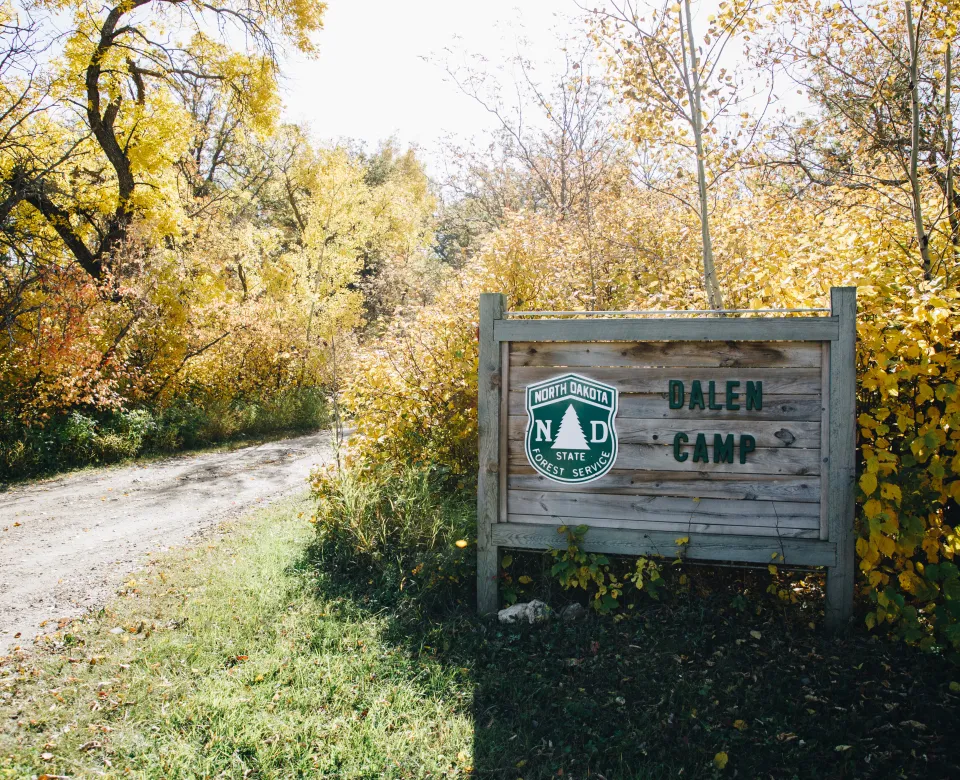 A sign reads "Dalen Camp" next to a gravel road and trees