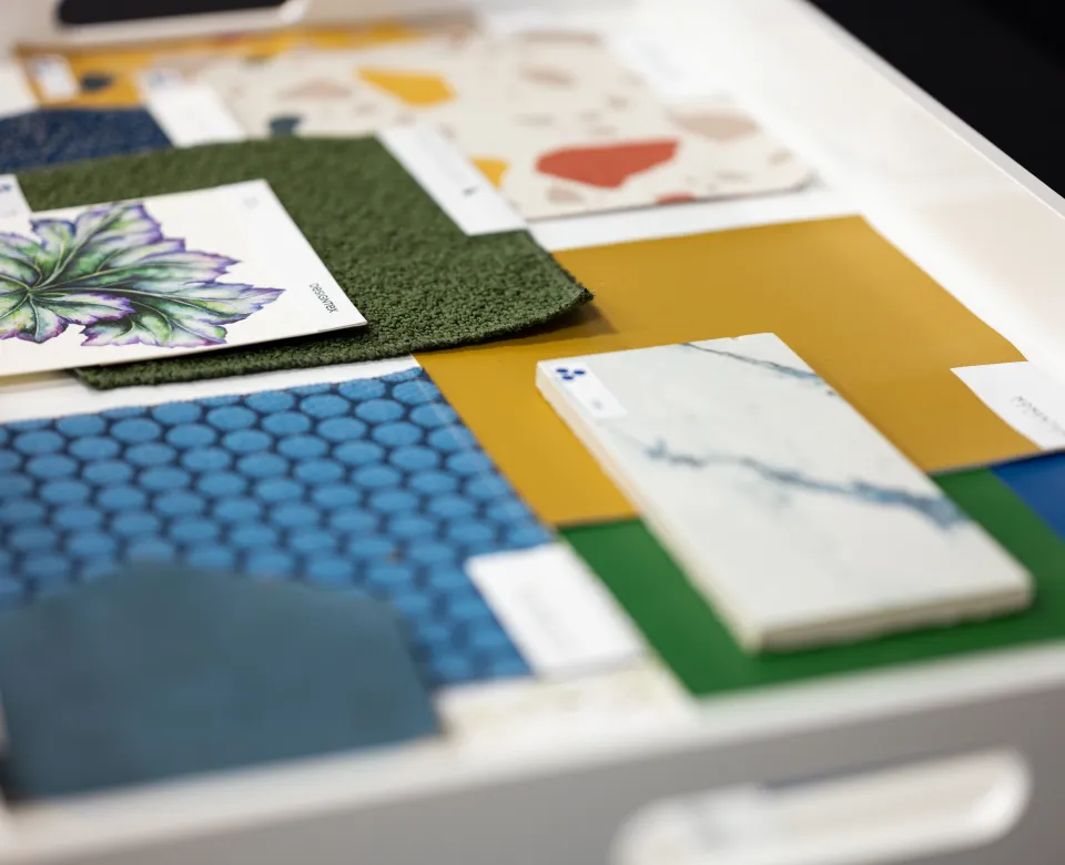 A selection of design elements: fabric, tile, colors and textures.