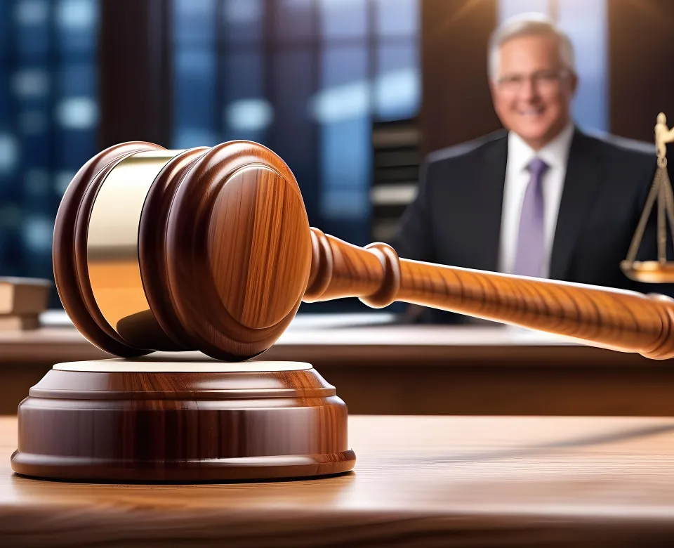 Judge gavel with a lawyer in the background