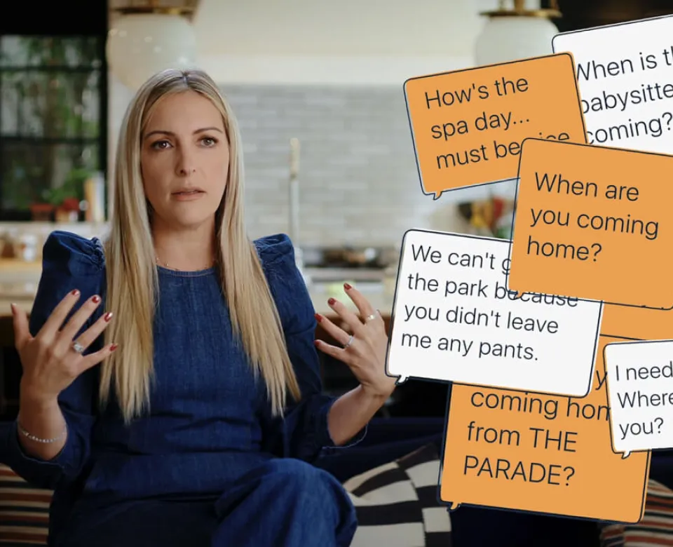 Woman looking serious and holding hands in front of her body with sticky notes next to her.