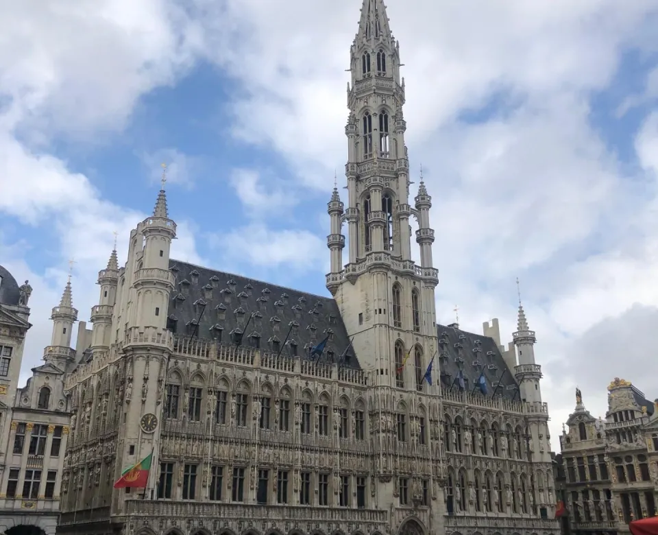 Scenic shot of a large church in a plaza in Brussels, Belgium.