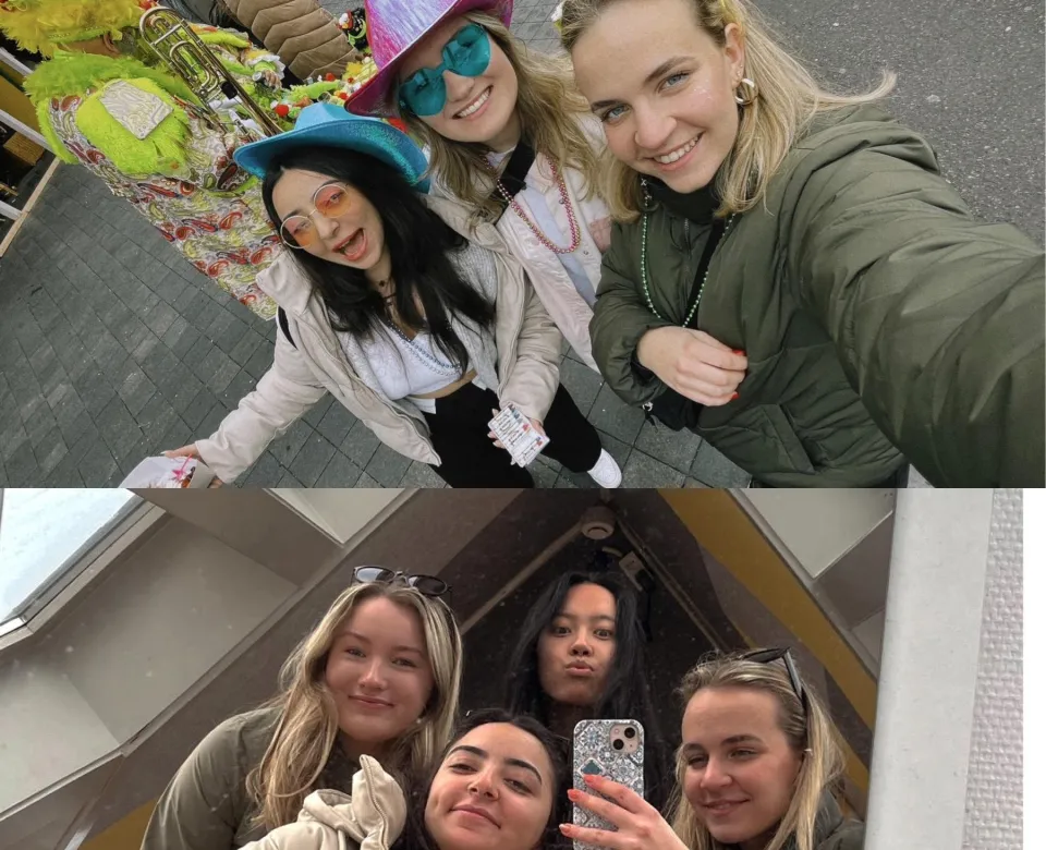 Two shots, one of a selfie of three students and the other a mirror shot with four