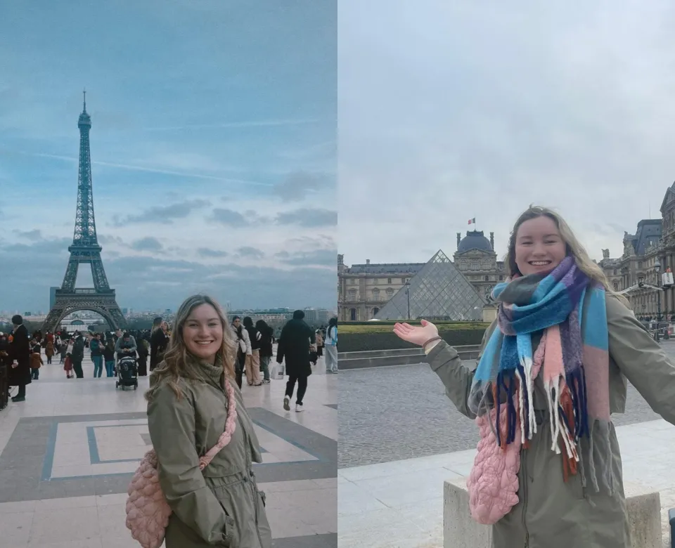 Two shots; One of a student at the Eiffel tower and the other of the student at the lourve