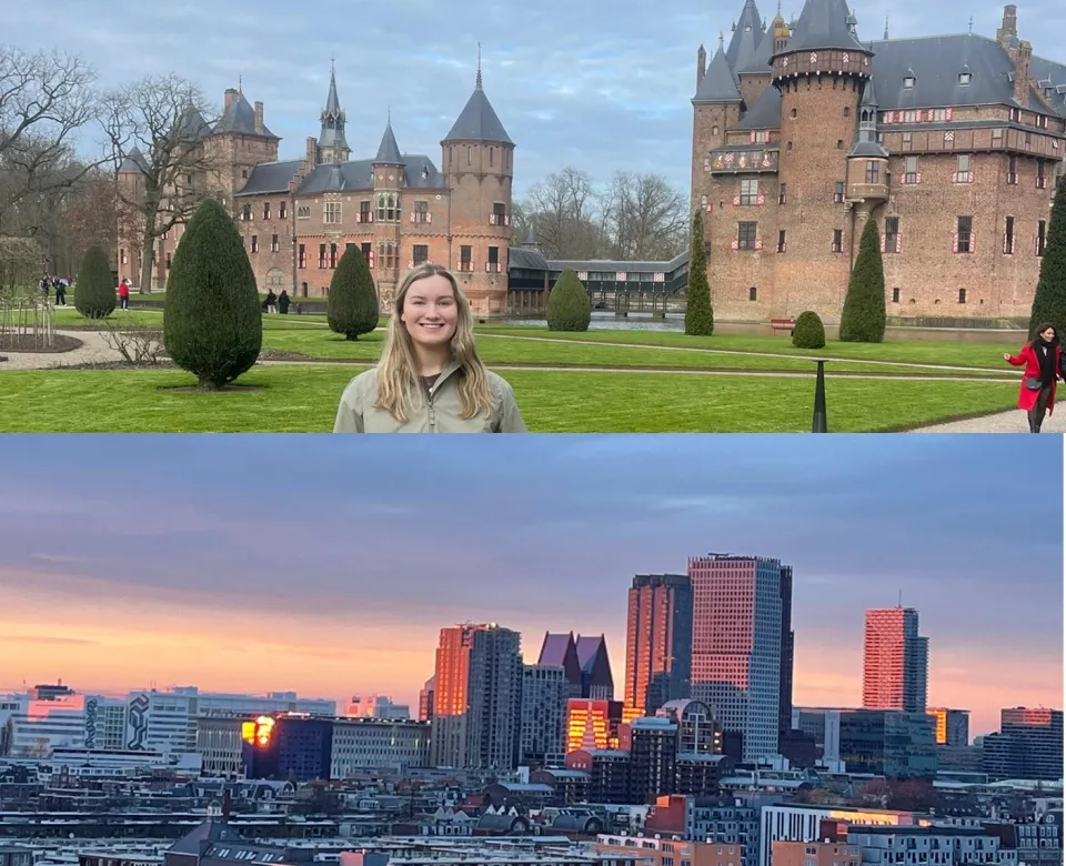 Two shots; one of student in front of castle the other of a skyline